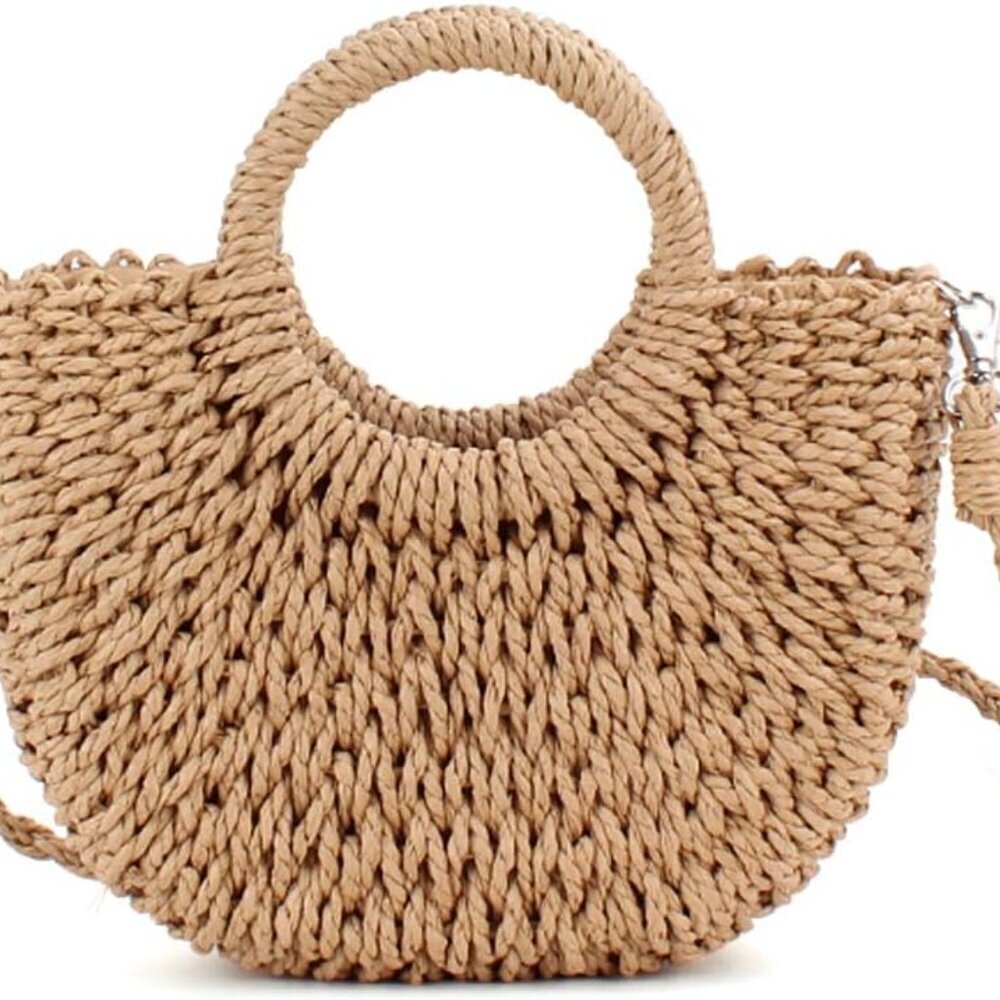 Mini Semi-circle Rattan Straw Bag, Hand-woven Women Summer Retro Beach Tote Shou